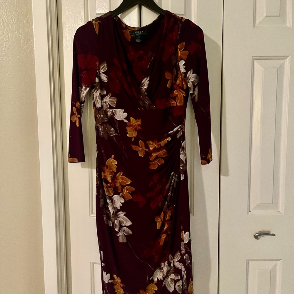 Ralph Lauren Wrap Style Midi Dress in Burgundy / Purple Floral Print, Size 4
